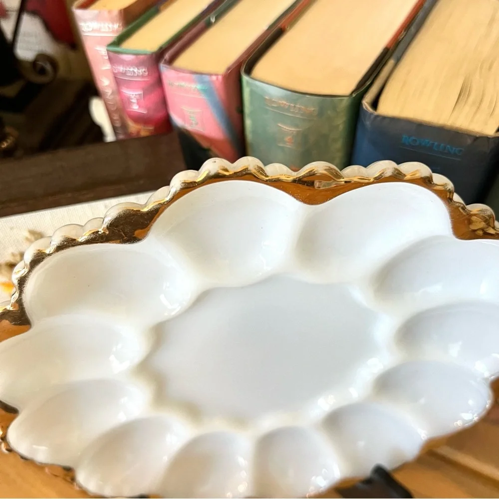 Vintage Anchor Hocking Milk Glass Deviled Egg Divided Plate with Gold Rim 1950s